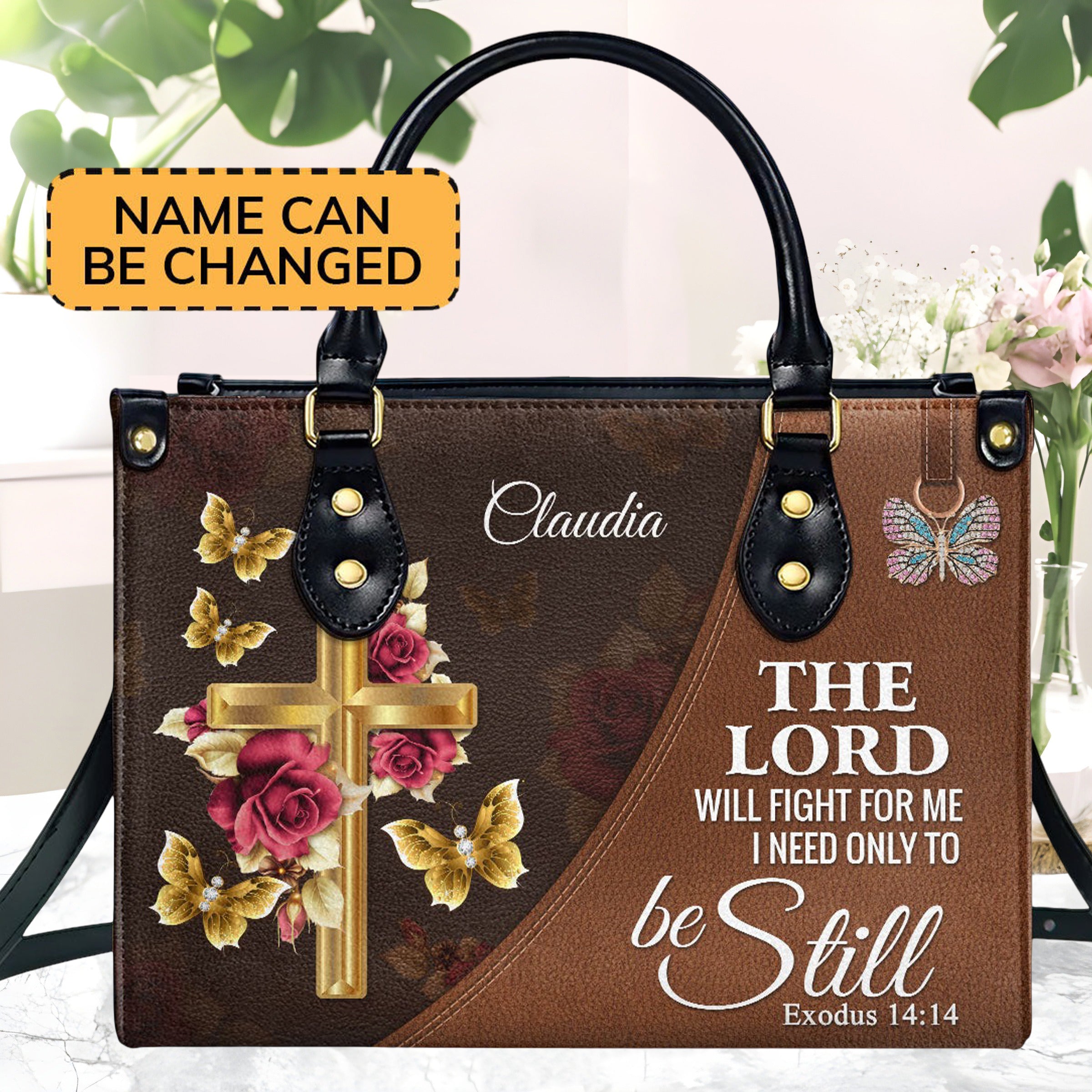 Personalized Christian Leather Handbag, The Lord Will Fight For Me Be Still Exodus 14:14 – Cross Butterfly Faith Purse BLAF50